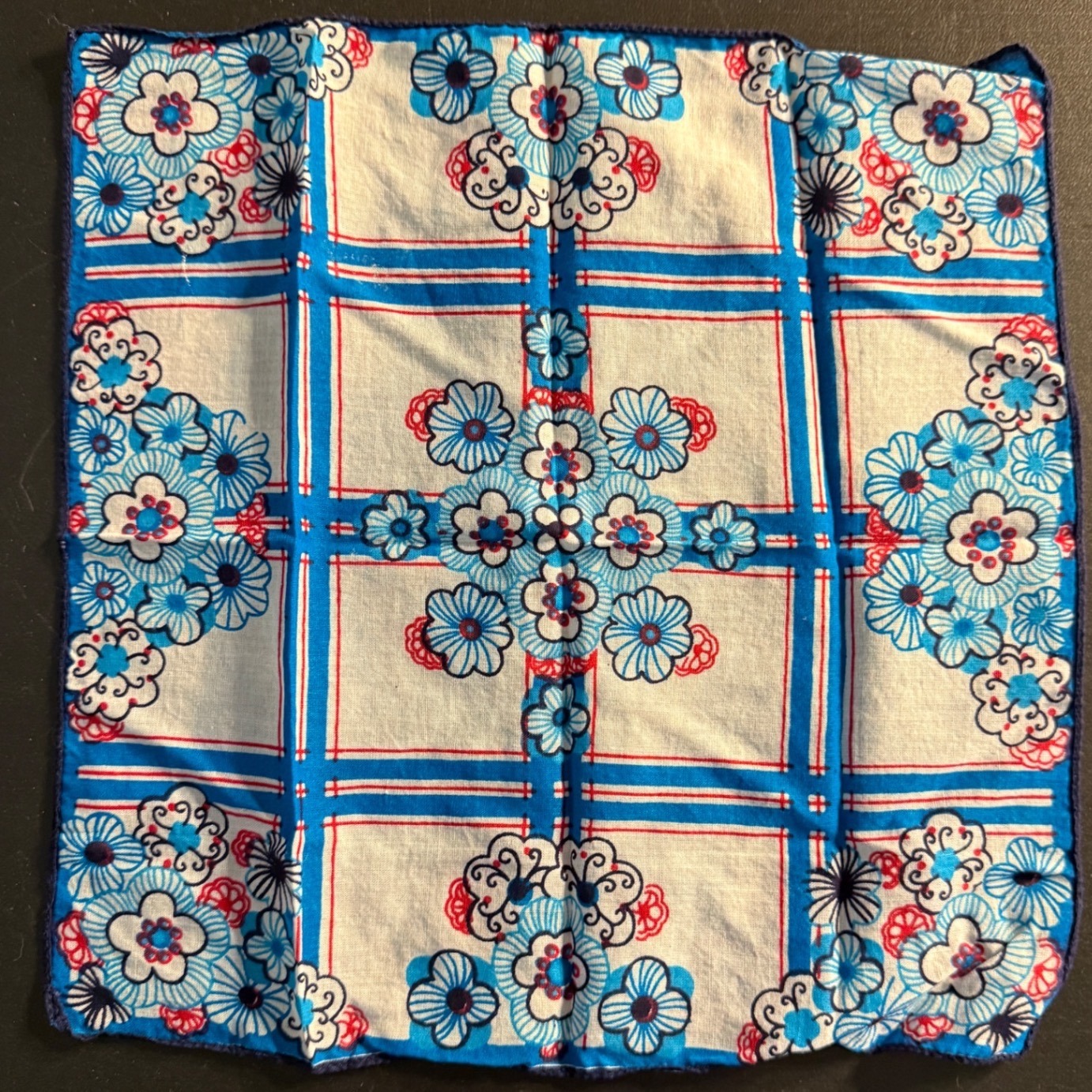 Vintage Floral Handkerchief Blue Red White Cotton Square Pocket Square 0494